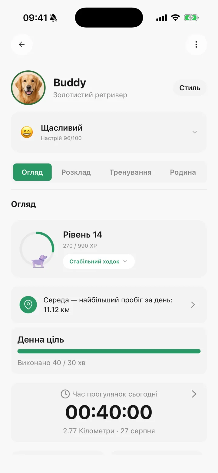 Страница питомца в Tailomi с фото, породой, настроением и уровнем