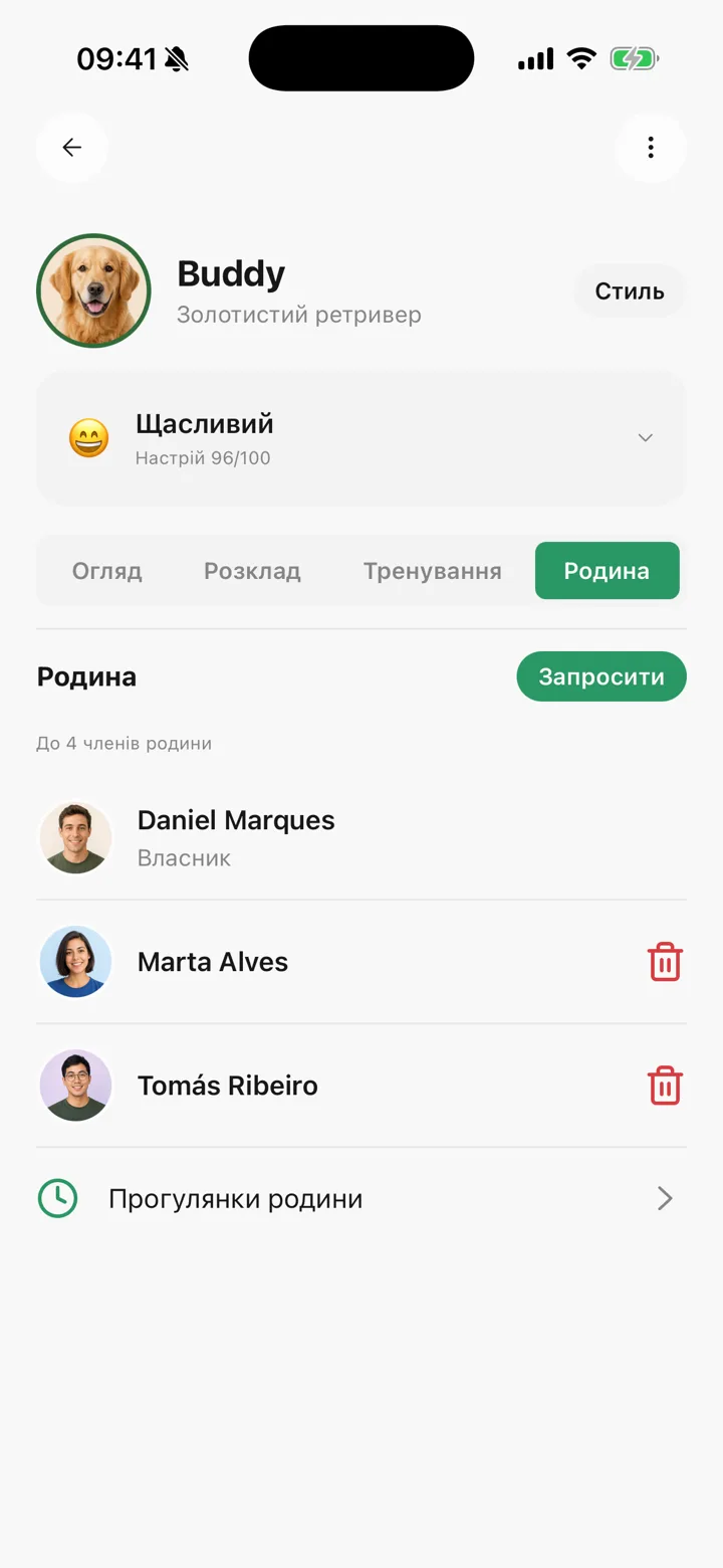 Профиль питомца в Tailomi с разделом семьи и совладельцами