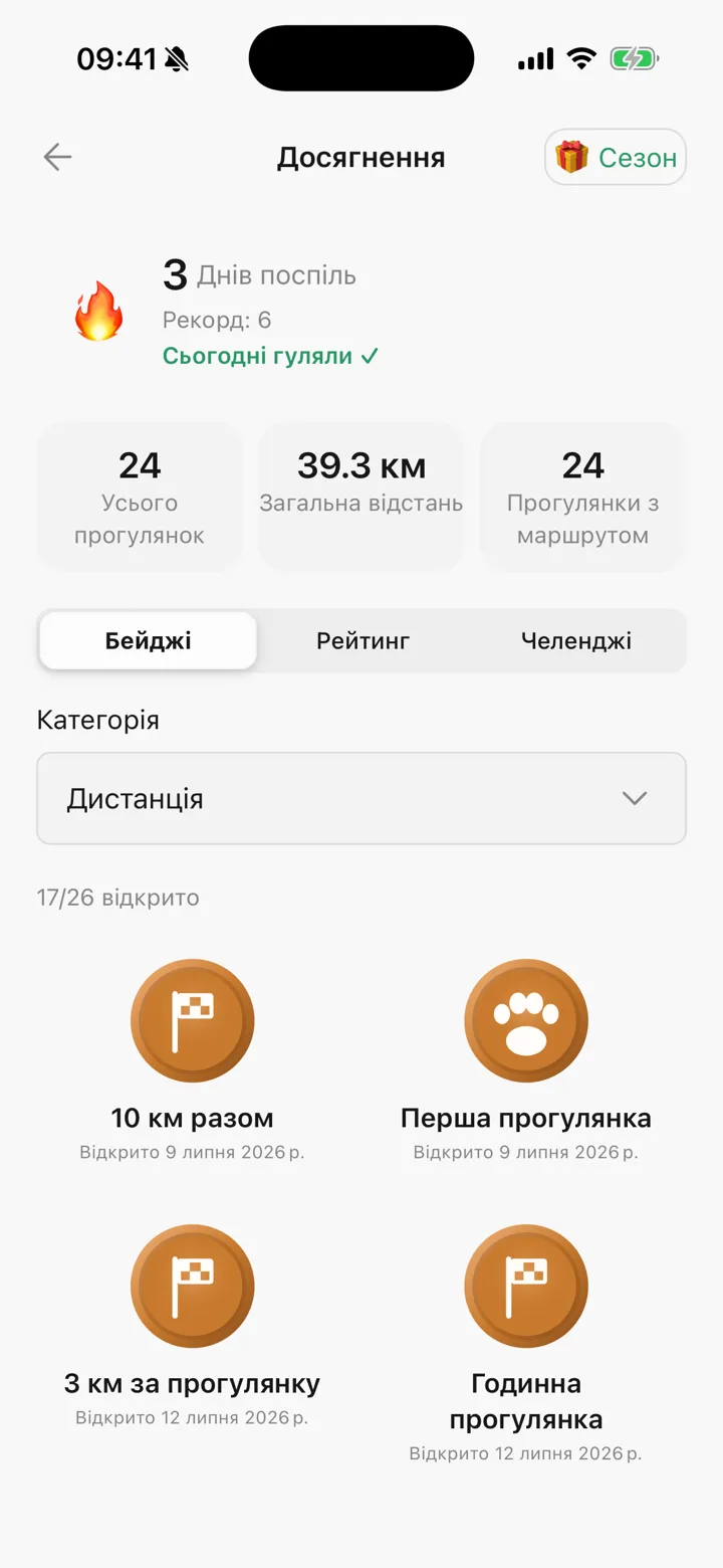Достижения в Tailomi: серия прогулок, общая статистика и открытые бейджи