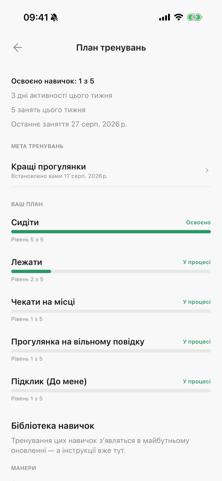 План тренировок в Tailomi: пять навыков, уровень каждого и то, что уже освоено