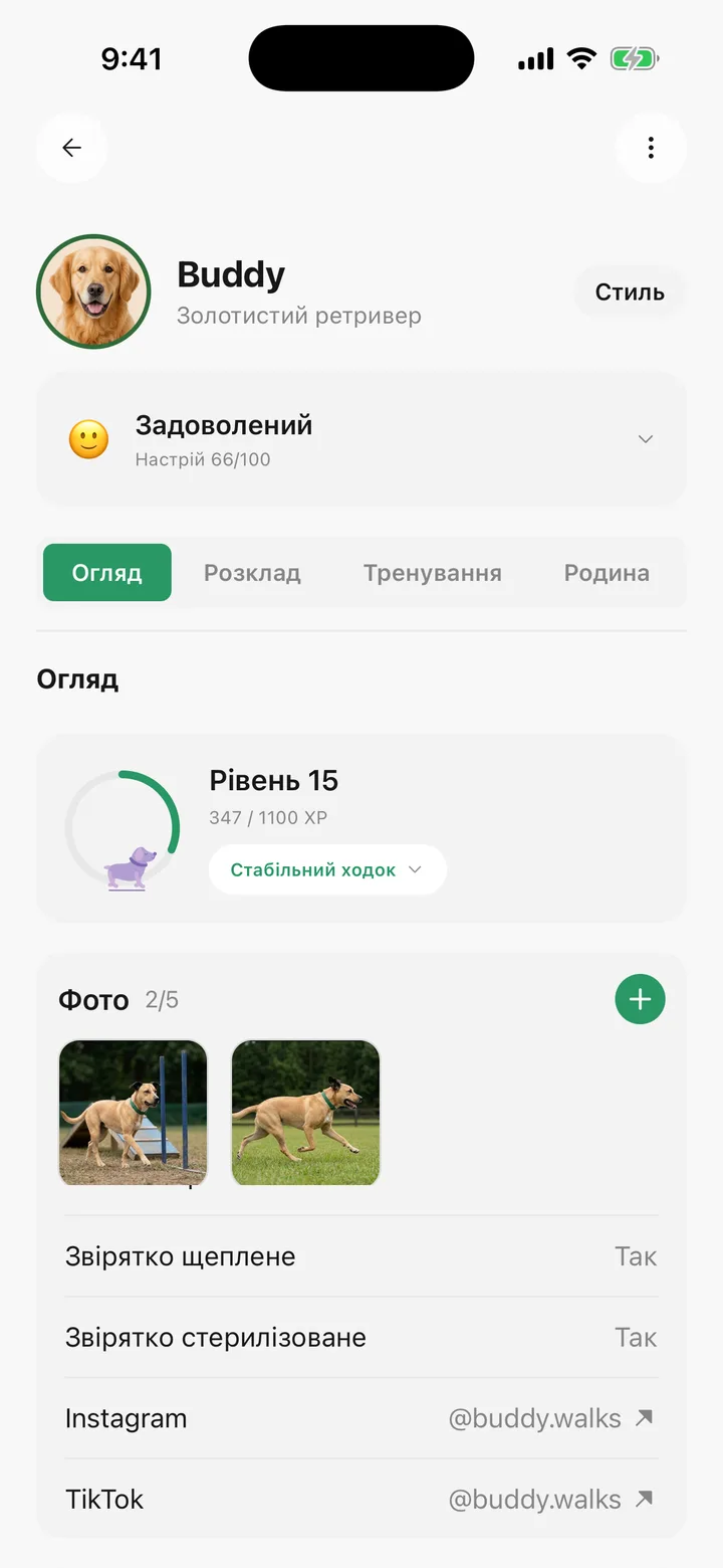 Страница Buddy в Tailomi с фотографиями питомца, до пяти