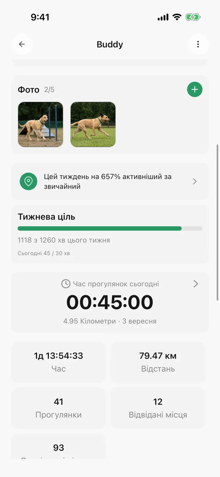 Недельная цель на странице питомца в Tailomi, которую наполняют прогулки всей семьи